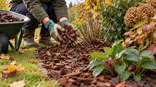 Gardener applying organic bark mulch to a garden border in autumn to protect soil and plants during winter.