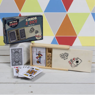 Retro Games Cards and Dice set in an open wooden slide-top storage box on a white wooden table