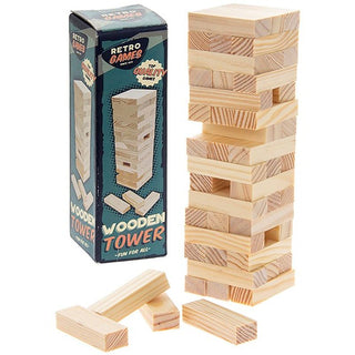 Retro Games Wooden Tower stacking block game set with the retail packaging box on a white background