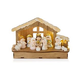 Lit Polyresin Nativity with Wooden Background