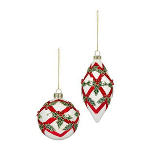 Shiny White with Red Band And Holly Glass 2 Assorted Ball-Drop