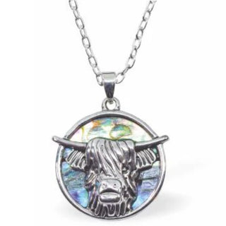Byzantium Paua Shell Long Horn Highland Cow Necklace