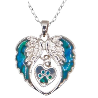 Byzantium Natural Paua Shell Wings and Heart with Paw Print Necklace