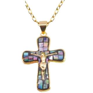 Byzantium Paua Shell Crucifix Necklace, Rhodium Plated, Golden Framed