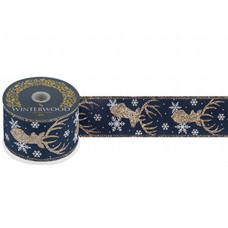 Deer Head Snowflake Navy & Gold Ribbon Garland