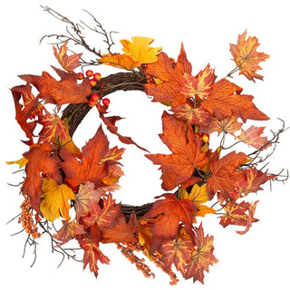Autumnal Wreath With Orange Maple Leaves & Berries