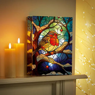 Battery Operated Lit Stained Glass Robin for Table