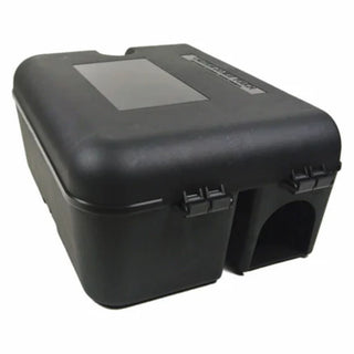 Black rectangular storage box with a lid on a white background.  Shows the alternative side of the baiting station.