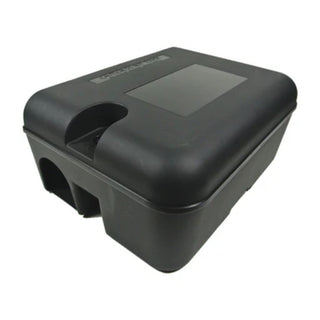 Black plastic container with a lid on a white background.  Shows the entry hole where rats can enter the baiting station