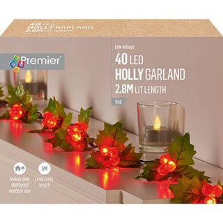 Premier Holly Garland with Red Berries and 40 Red LEDs