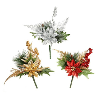 3 Assorted Glitter Poinsettia Pick  Red/Gold/Silver